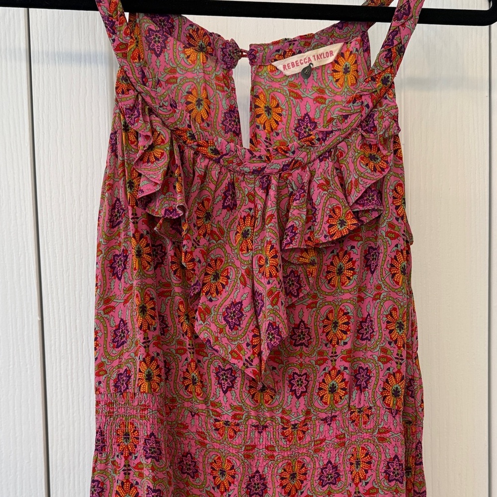 Rebecca Taylor Silk Floral Ruffle Tiered Mini Dress Pink Boho Sleeveless